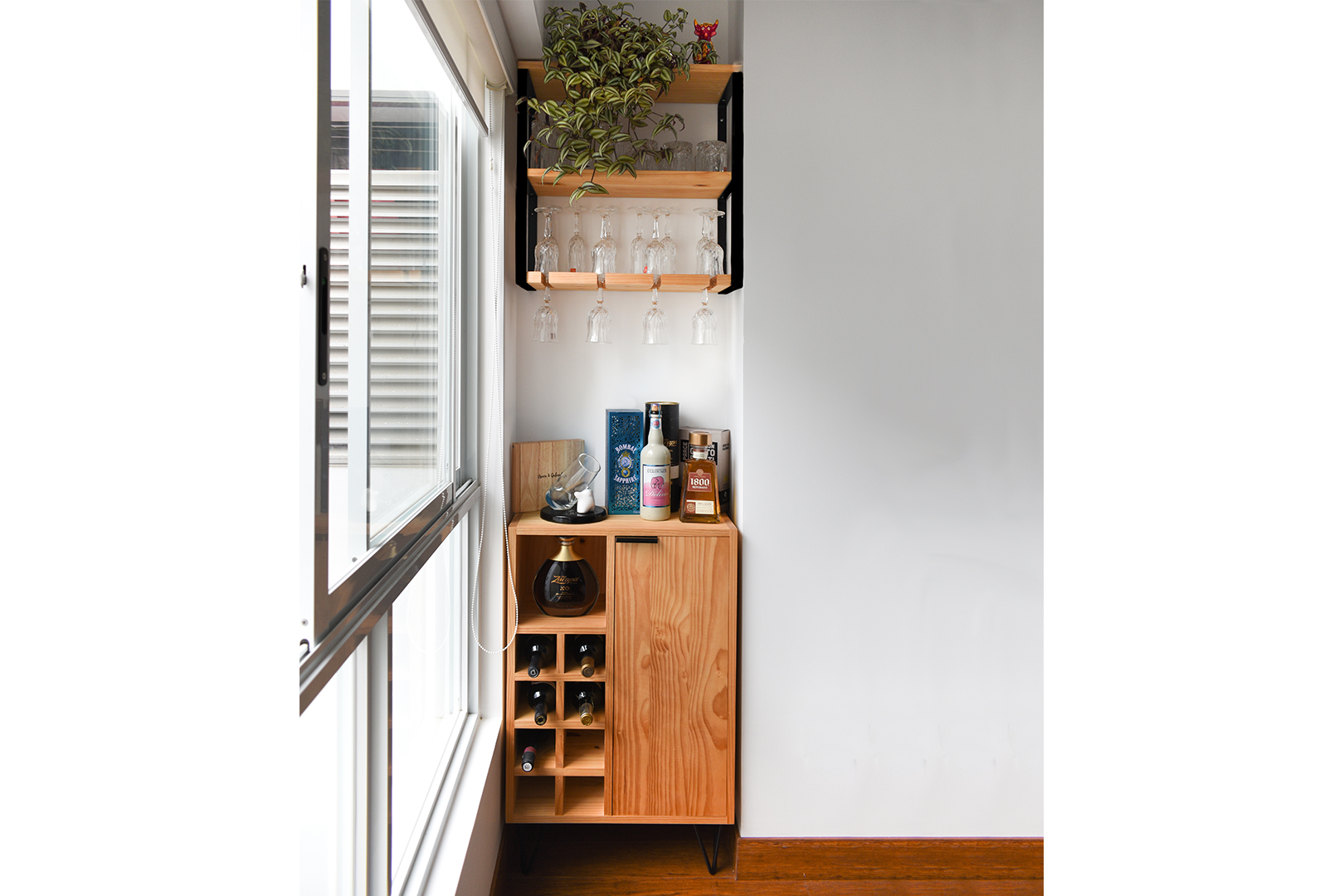 Bar Console + Industrial Hanging Wine Glass Rack