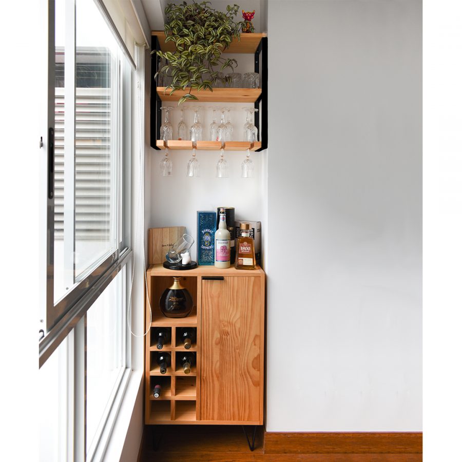 Bar Console + Industrial Hanging Wine Glass Rack